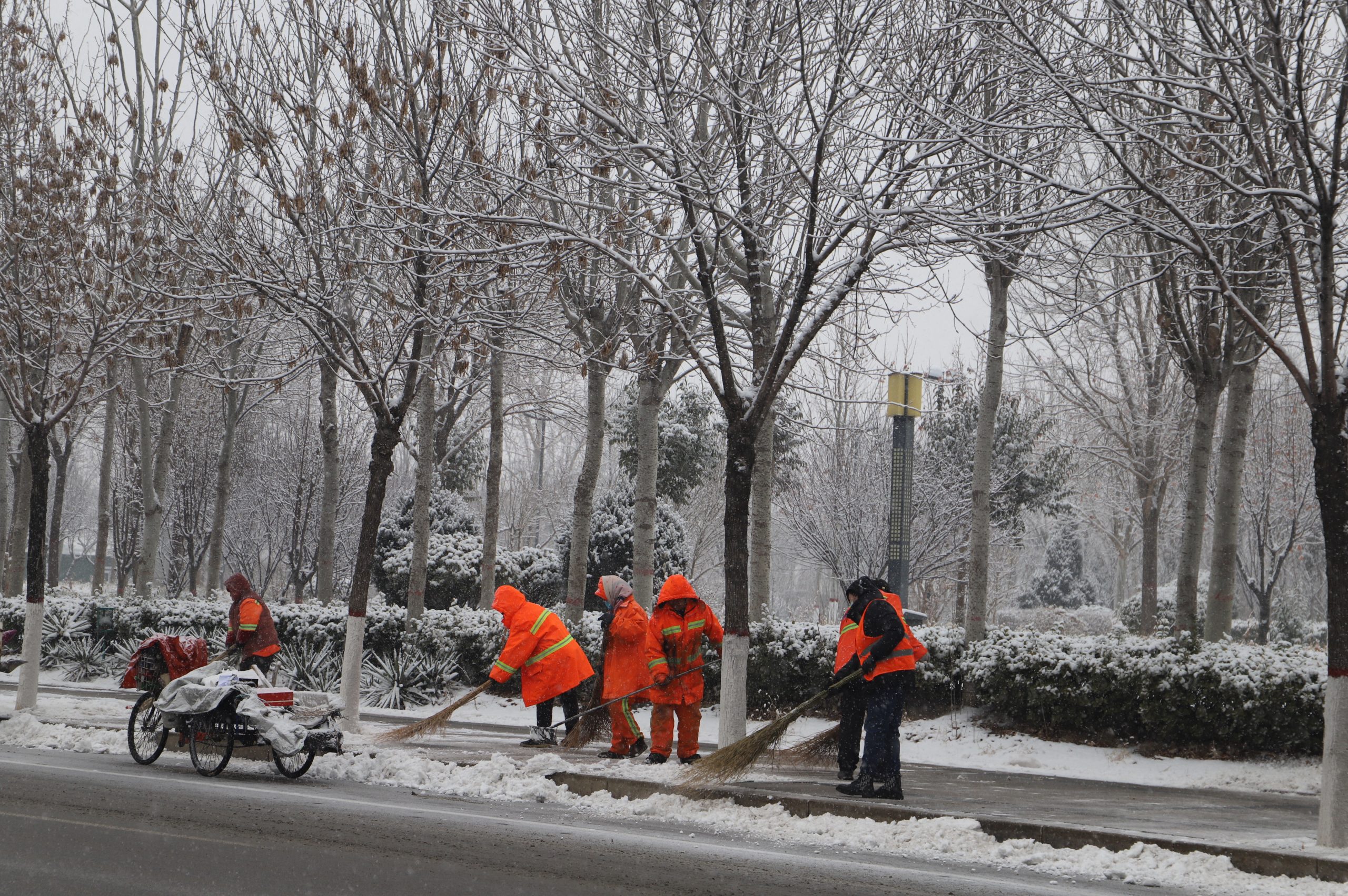 022年1月纪实：阳信县商务中心附近环卫工人扫雪"